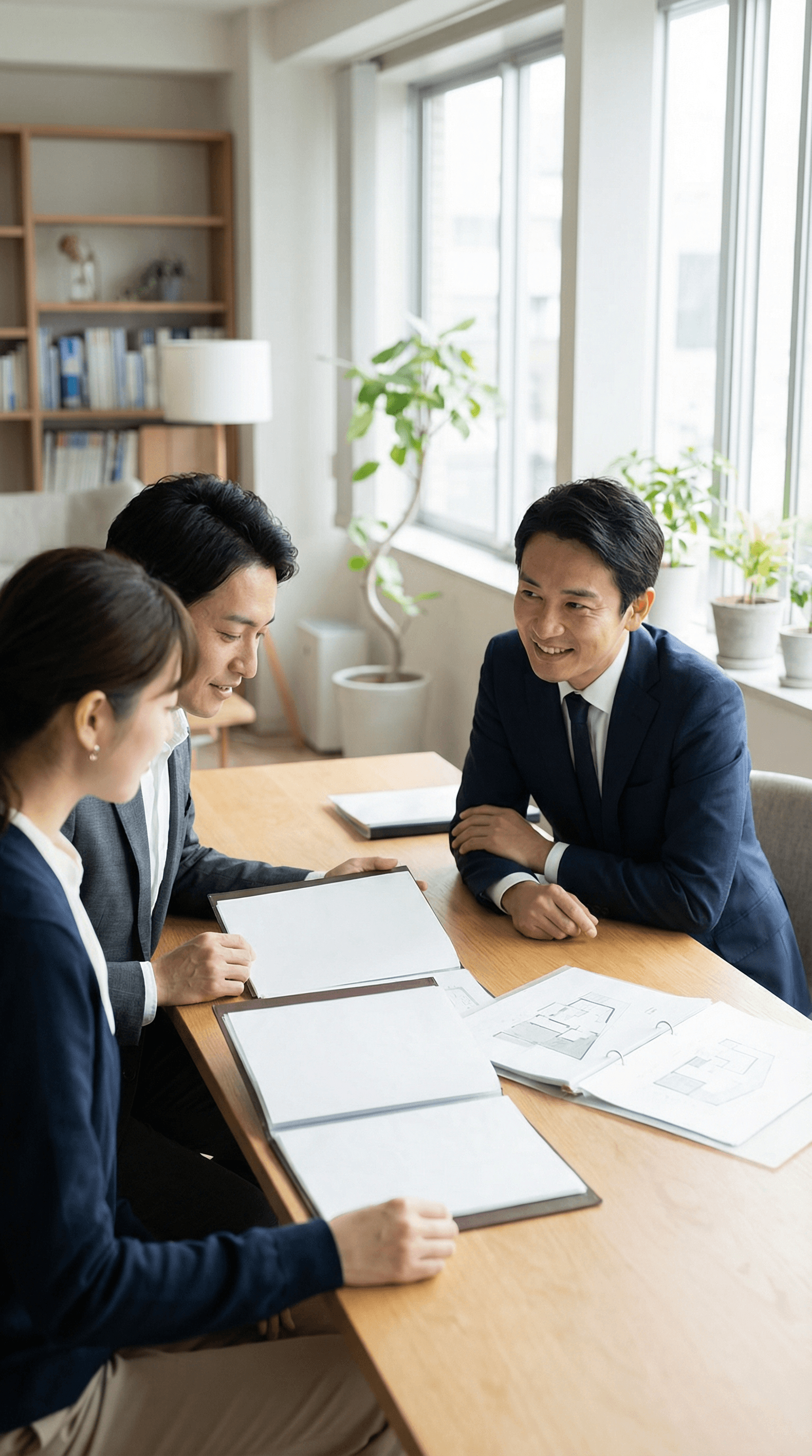 コンサルタントが40代夫婦と和やかに打ち合わせをしているシーン